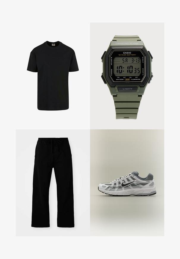 Urban Classics SHORTSLEEVE - T-Shirt basic - black; Schwarze, elastische Hosen mit verstellbarem Kordelzug, weitem Bein und glatter Baumwollstruktur. Keine sichtbaren Muster oder Hardware-Details.; Weißer und grauer Nike P-6000 Sneaker mit schwarzem Swoosh, Netzpaneelen und strukturierter Sohle, seitlich auf neutralem Hintergrund dargestellt.; Digitale Casio-Uhr mit grünem Armband, schwarzem rechteckigem Zifferblatt, das Zeit, Datum und Funktionen wie 10-Jahres-Batterie und Vibrationsalarm anzeigt.