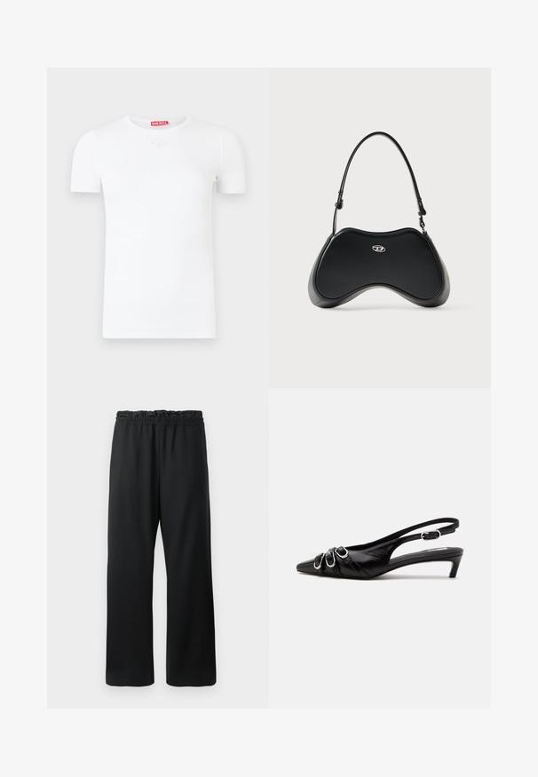 Camiseta blanca de manga corta con cuello redondo, textura acanalada y un pequeño logo circular en el pecho. Etiqueta de la marca en rojo en la parte posterior.; Pantalones negros con un diseño de pierna ancha, cintura elástica con cordón y tejido suave y ligero. Incluye bolsillos laterales.; Zapato slingback de cuero negro con punta puntiaguda, tres hebillas plateadas en la parte delantera y tacón bajo tipo «kitten» sobre fondo blanco.; Bolso de mano de cuero sintético negro con una forma curva única, asa corta y un detalle de logo plateado en el frente. Textura suave, diseño minimalista.