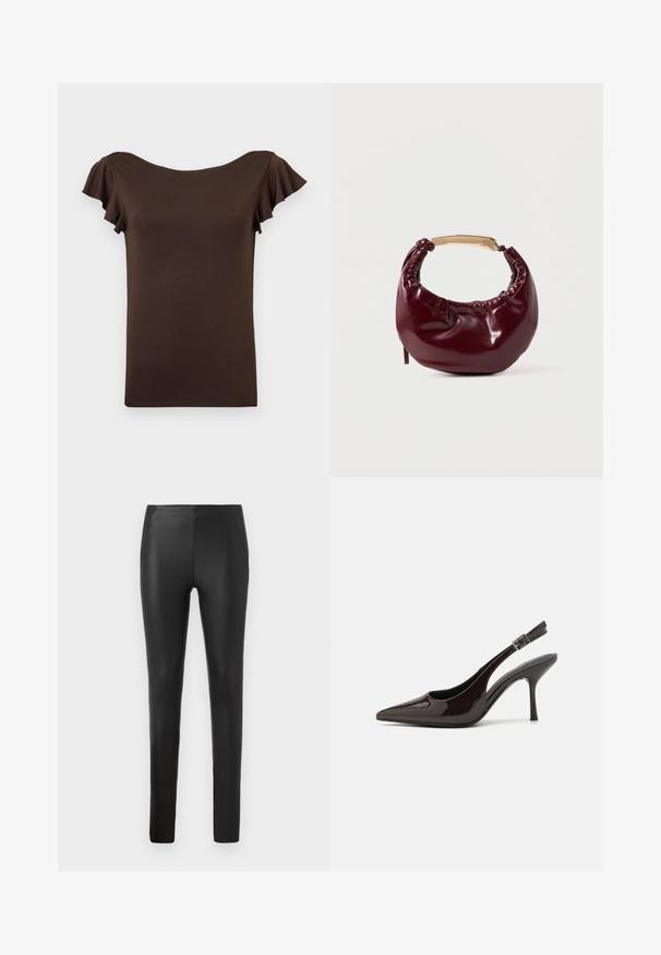 Bruin dames top met korte mouwen, volantmouwen en een brede boothals, weergegeven tegen een effen lichte achtergrond.; Rekbare zwarte nepleren broek met een slim fit, voorzien van zijzakken en een soepele textuur, ontworpen voor een gestroomlijnde silhoeet.; Slingback hoge hak schoen in glanzend donkerbruin patentleer, puntige neus, open zijkanten en verstelbare enkelband.; Bordeaux neplederen handtas met een ronde vorm, geplooide details en een handgreep van goudkleurig metaal. Gladde textuur en glanzende afwerking.