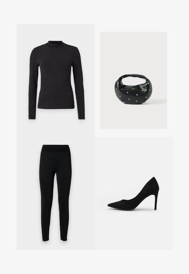 Sort langærmet turtleneck lavet af strækbart stof, med hvide prikker jævnt fordelt over overfladen.; Sorte leggings med en ribbet talje, lavet af tekstureret stof med en subtil metallisk glans, med lynlåse ved ankelkanterne.; Sort ruskind højhælet pumpe med spids tå, glat overflade og slank stiletthæl. Klassisk design med en elegant silhouette.; Sort læderhåndtaske med en rundet form, dekoreret med sølvnitter, og et kort håndtag. Glat tekstur og lynlåslukning.
