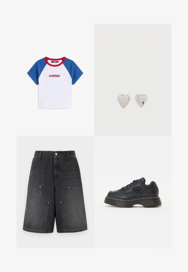 Hvid T-shirt med blå raglanærmer og en rød krave. Har et rødt og sort "Vans"-logo på fronten. Fremstillet af bomuld, korte ærmer.; Sorte, falmede denimshorts med store, forreste lappelommer, bæltestropper og lukning med metalknap ved livet.; Sort lædersneaker med struktureret overflade, rund tå og tyk plateau sål. Har gule kontrastsyninger og et mærke-logo på siden.; Sølvøreringe i hjerteform med rhinsten langs kanten. Poleret finish med indgraveret tekst "GUESS" på overfladen.