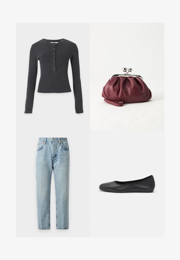 Langærmet, mørkegrå ribstrikket skjorte med rund hals og fem sorte knapper ned langs fronten.; Lysblå denimjeans med lige ben, fem lommer og let slid. Har en knaplukning og bæltestropper.; Sort læderballetsko med rund tå, glat tekstur, minimal syning og et fleksibelt såldesign.; Lille bordeauxlæder clutch-pung med sølv metal lukning og håndledsrem på hvid baggrund.