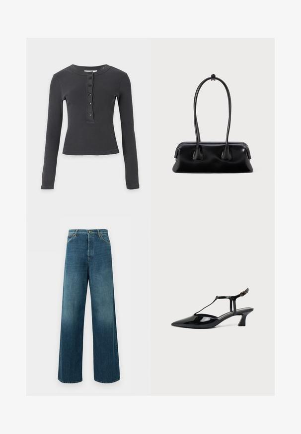 Chemise à manches longues, gris foncé côtelée, avec un col rond et cinq boutons noirs sur la patte de boutonnage avant.; Jean denim bleu à jambes larges, taille haute, fermeture devant par bouton et zip, et poches avant sur fond uni.; Chaussure slingback en cuir verni noir à bout pointu avec bride en T et petit talon bloc incliné sur fond blanc.; Sac à main en cuir noir avec deux poignées allongées, une texture lisse et une base arrondie, ornée d'accents décoratifs sur les côtés.