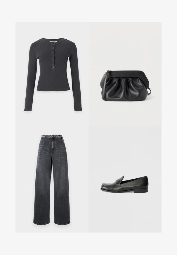 Hemd met lange mouwen, donkergrijs geribd, met een ronde hals en vijf zwarte knopen op de voorplooi.; Hoge taille wijde jeans van donkergrijs denim met vervaagde details, met een sluiting met knoop aan de voorkant en een traditionele vijf-pocket stijl.; Zwarte leren instappers met een ronde neus, verhoogde stiksel details en een lage gestapelde hak. Gladde textuur met een subtiele glans.; Zwarte leren clutch met een gestructureerd frame, geplooide details en een smalle polsband, op een witte achtergrond.
