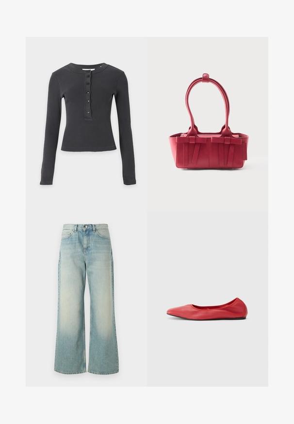 Chemise à manches longues, gris foncé côtelée, avec un col rond et cinq boutons noirs sur la patte de boutonnage avant.; Jeans en denim bleu clair à jambes larges, présentant un délavage, un design classique à cinq poches et une fermeture à bouton à l'avant.; Filippa K REY FLATS - Ballerines - bright red; Sac à main en cuir rouge avec deux poignées supérieures, nœuds décoratifs à l'avant et une étiquette sur le côté, sur fond blanc.