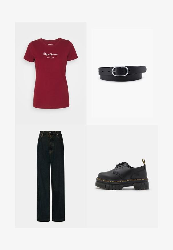 Rode katoenen t-shirt met korte mouwen, ronde hals, en witte "Pepe Jeans London" logo gedrukt op de borst. Soepele textuur.; Hoge taille, wijde pijpen, donkerblauwe denim jeans met een sluiting van voor knoop en rits, riemlussen en voorzakken.; Zwarte leren schoenen met een dikke, gestructureerde zool. Kenmerken zijn gele stiksels, een ronde neus en een trekband aan de hak.; Zwarte leren riem met een gladde textuur, ovaal zilveren metalen gespsluiting en meerdere verstelgaten langs de band. Platte, minimalistische uitstraling.