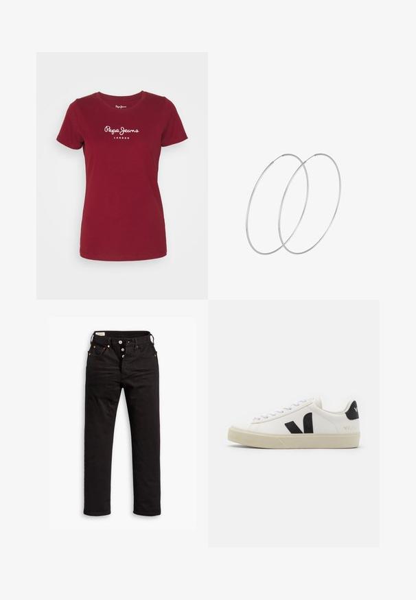 Rotes Baumwoll-T-Shirt mit kurzen Ärmeln, Rundhalsausschnitt und weißen "Pepe Jeans London"-Logo auf der Brust. Glatte Textur.; Schwarze Straight-Leg-Jeans mit Knopfverschluss, Vorder- und Gesäßtaschen sowie Kupfennieten auf einem weißen Hintergrund.; Weißes Leder-Sneaker mit schwarzem Gummi-V-Logo. Strukturierte cremefarbene Sohle, weiße Schnürsenkel und Fersendetail in Schwarz mit dem Markennamen.; Silberne Creolen mit minimalistischem Design. Rundform, glatte Oberfläche und dünnes Profil. Leichtgewichtig mit hochglänzender Oberfläche.