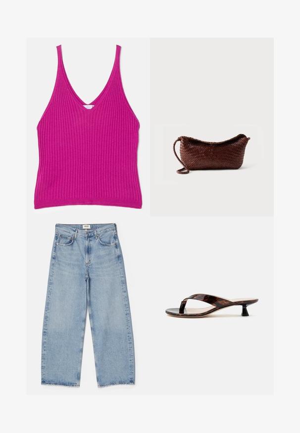 Getailleerde, geribde tanktop in levendig fuchsia. Heeft een diepe V-halslijn en dunne banden, gemaakt van een zachte, rekbare stof.; Agolde Baggy jeans - light-blue denim; Bruine schildpad kitten hak sandaal met teenslipperriem en vierkante neus op een effen lichte achtergrond.; Bruine leren gevlochten tas met een enkele riem en een gebogen bovenkant tegen een effen witte achtergrond.