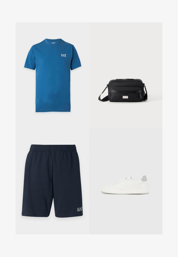 Blå t-shirt med korte ærmer og rund hals med lille hvid EA7 Emporio Armani-logo på øverste venstre bryst.; Marineblå shorts med elastisk talje lavet af blødt stof, med sidelommer og et lille hvidt EA7-logo på nederste venstre ben.; Hvid lavtop-sneaker med gråt hælflig, hvide snørebånd og tekstureret sål, vist på en ensfarvet lys baggrund.; Sort rektangulær crossbody-taske med front lynlåslomme, justerbar rem og sølv rektangulært logo mærke på ensfarvet baggrund.