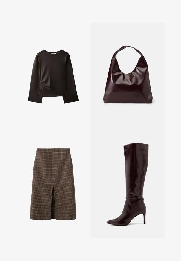 Chemise noire à manches longues avec un col rond et un petit détail froncé sur le côté gauche près de la taille.; Jupe à carreaux marron avec une coupe droite, longueur genou, dotée d'une fente à l'avant. Le tissu a une finition texturée avec des contrastes de couleurs subtils.; Anna Field by Zalando Bottes - bordeaux; Sac en cuir vegan bordeaux, brillant, avec une forme douce et sculpturale et une large poignée incurvée pour un transport facile.