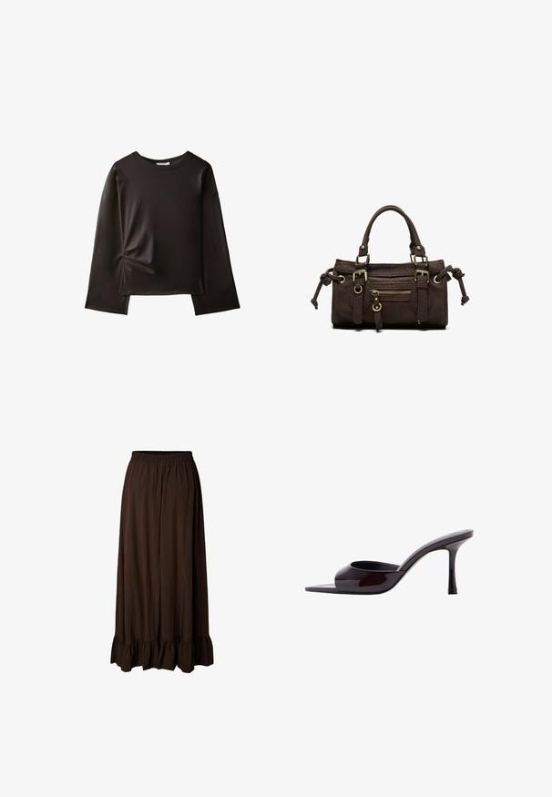 Chemise noire à manches longues avec un col rond et un petit détail froncé sur le côté gauche près de la taille.; Jupe longue marron foncé avec taille élastique et ourlet à volants, en tissu léger légèrement texturé.; Mule en cuir verni noir à bout ouvert avec un talon stiletto fin de hauteur moyenne et une bride supérieure basse.; Sac à main en cuir marron foncé avec double poignée, poche avant zippée, boucles décoratives et nœuds latéraux sur fond blanc.