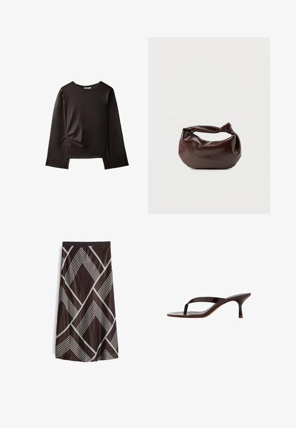 Chemise noire à manches longues avec un col rond et un petit détail froncé sur le côté gauche près de la taille.; Jupe évasée marron avec des motifs géométriques en diamant blancs. Texture lisse et soyeuse avec une taille ajustée et une coupe à hauteur des genoux.; Sandale à talon en cuir verni noir avec bride entre les orteils et un talon petit kitten élancé de hauteur moyenne, vue de côté sur fond blanc.; Sac bandoulière en cuir marron foncé avec une forme souple et décontractée et une anse nouée torsadée sur un fond blanc uni.