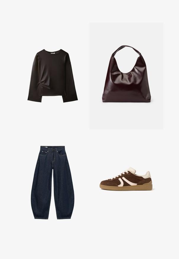 Sort langærmet skjorte med rund halsudskæring og en lille rynket detalje på venstre side nær taljen.; Mørkeblå vidde jeans med frontlommer, bæltestropper og knaplukning i taljen.; Brun ruskindsneaker med cremefarvede detaljer, hvide snørebånd og en sål i gummi med karamelkulør, vist fra ydersiden på en hvid baggrund.; Bordeaux, skinnende vegansk læder tote taske med en blød, skulpturel form og et bredt, buet håndtag for nem bæring.