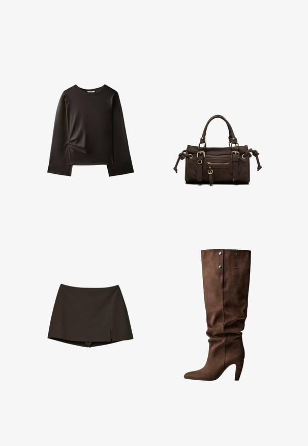 Chemise noire à manches longues avec un col rond et un petit détail froncé sur le côté gauche près de la taille.; Skort noir taille haute avec une petite fente latérale, combinant une jupe devant avec un short attaché en dessous pour une tenue active ou décontractée.; Bottine en suede marron, montant jusqu'au genou, avec un bout pointu et un talon fin. Présente deux boutons-pression argentés et un design de haut froncé.; Sac à main en cuir marron foncé avec double poignée, poche avant zippée, boucles décoratives et nœuds latéraux sur fond blanc.