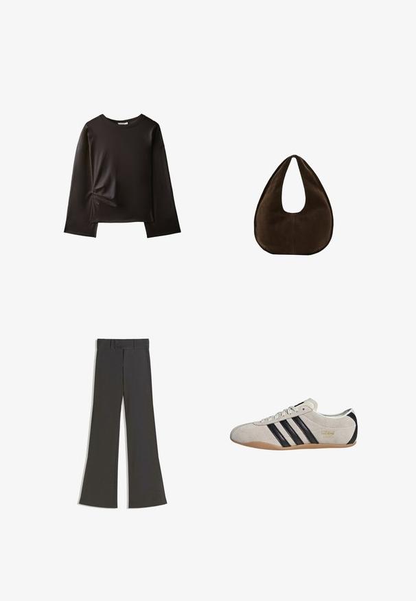 Chemise noire à manches longues avec un col rond et un petit détail froncé sur le côté gauche près de la taille.; Pantalons évasés en tissu gris foncé, avec une taille plate dotée de deux boutons, une texture lisse et des coutures soignées.; Sneakers en suède avec un dessus gris, des rayures noires et une semelle en caoutchouc couleur gomme. Dotées d'un système de laçage et d'un détail logo doré sur le côté.; Sac à main en daim marron foncé en forme de croissant avec une seule sangle large et une texture lisse sur fond blanc.