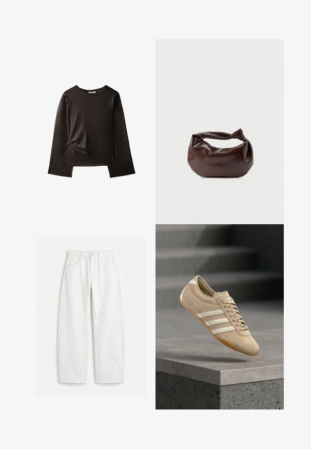 Chemise noire à manches longues avec un col rond et un petit détail froncé sur le côté gauche près de la taille.; Jean blanc à jambes droites avec poches avant, passants pour ceinture, fermeture par bouton et détails de coutures visibles.; Baskets beige clair avec trois bandes horizontales blanches, dessus en daim, et une semelle en gomme caoutchouc, présentant un logo sur le côté.; Sac bandoulière en cuir marron foncé avec une forme souple et décontractée et une anse nouée torsadée sur un fond blanc uni.
