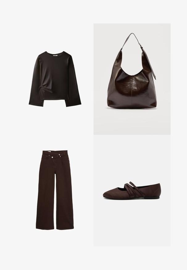Chemise noire à manches longues avec un col rond et un petit détail froncé sur le côté gauche près de la taille.; Jean taille haute, coupe large, couleur marron, avec fermeture éclair et bouton à l'avant, comprenant des poches avant et arrière.; Chaussure plate marron avec un bout pointu et deux fines brides croisées sur le cou-de-pied, détails de couture visibles et petit talon.; Sac à bandoulière en cuir marron foncé brillant avec une seule large sangle et un détail de boucle sur un côté, posé sur un fond clair uni.