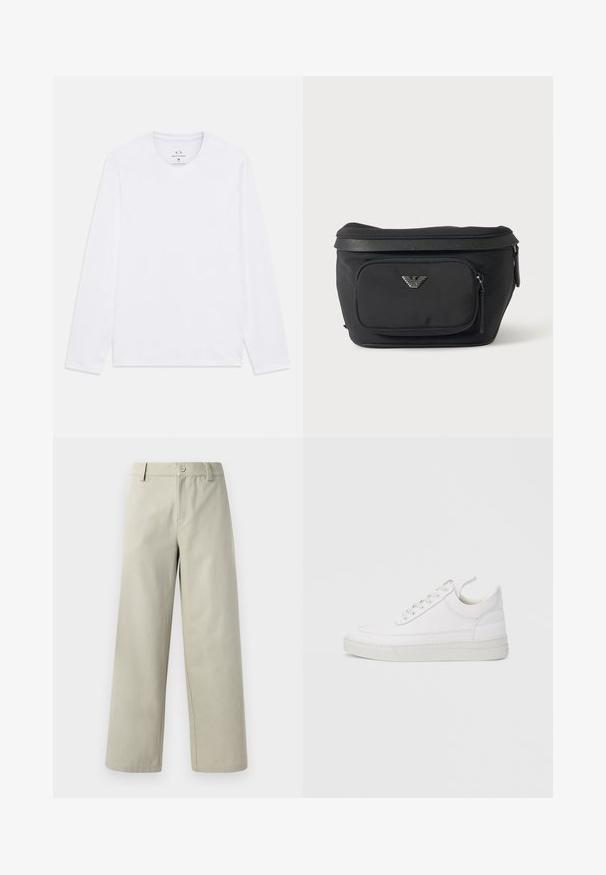 Hvid langærmet T-shirt med rund hals og Armani Exchange-logo trykt inde i halsudskæringen, størrelse medium.; Han Kjøbenhavn WIDE LEG - Bukser - light grey; Hvid lædersneaker med rundet tå, flad sål og snørebånd foran. Har syningsdetaljer og polstret krave for komfort.; Sort bæltetaske med frontlynlåslomme og sølv ørn-logo, glat stof med tekstureret kant og lynlåstræk.