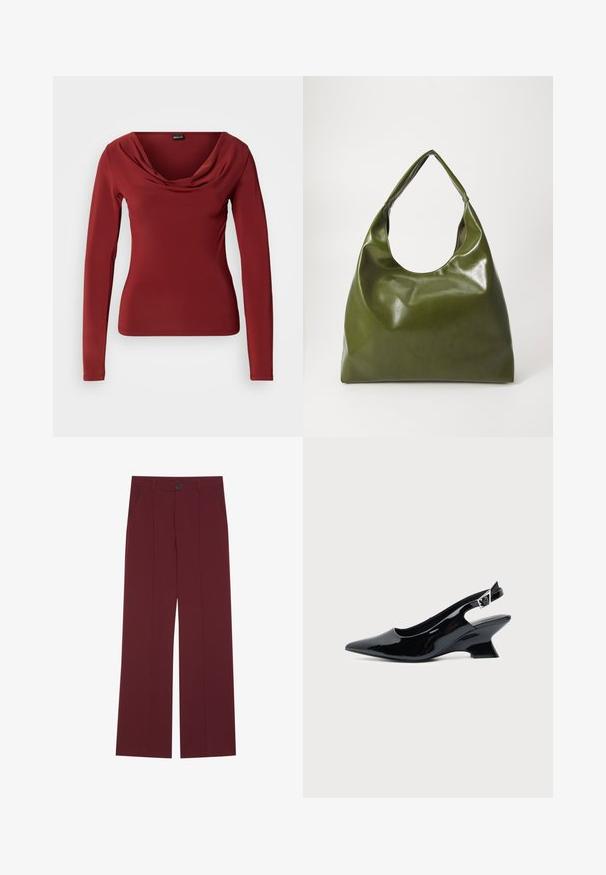 Haut à manches longues en tissu rouge profond avec un col drapé, une silhouette ajustée et une texture lisse. Design simple sans motifs ni accents.; Pantalons bordeaux avec une coupe évasée, dotés d'une fermeture à bouton, de deux poches latérales et de détails plissés à l'avant. Texture de tissu lisse.; Chaussure slingback en cuir verni noir avec bout pointu et petit talon bloc incliné sur fond clair uni.; Sac hobo en cuir vert au design décontracté, avec une poignée incurvée et une texture lisse. Ne contient aucun matériel ou accent visible.