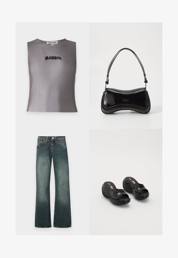 Grijze mouwloze crop top gemaakt van een doorzichtige stof, met zwart geborduurde tekst "Ragged" in het midden. Eenvoudig, modern ontwerp.; Unisex wijde jeans in donkerblauwe denim met vervaagde accenten, voorzien van een klassieke knoopsluiting en voorzakken.; Melissa MELISSA QUANTUM PLATFORM X DIESEL AD - Badslippers - black; Zwarte laarzen van patentleer met een gebogen vorm, een enkele handgreep en een ronde bodem. Beschikt over een subtiele logodetail aan de voorkant.