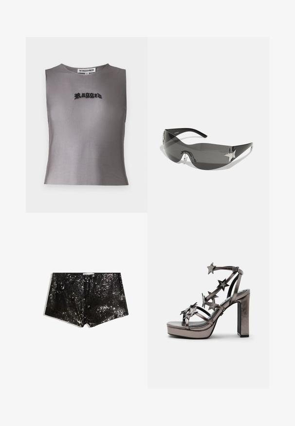 Graues ärmelloses Crop-Top aus einem durchsichtigen Stoff mit schwarz gesticktem Text "Ragged" in der Mitte. Einfaches, modernes Design.; Schwarze Pailletten-Shorts mit körperbetontem Design. Enthält schimmernde Pailletten, glatte Textur und einen Bund für einen sicheren Sitz.; Metallische Sandalette mit hohem Absatz, Plateausohle und mehreren Riemen, verziert mit sternförmigen Verzierungen und einer Schnalle am Knöchel.; Schwarze Sonnenbrille mit wrap-around Design, dunkel getönten Gläsern, glänzenden, sternförmigen Akzenten und verstellbaren Nasenpads.