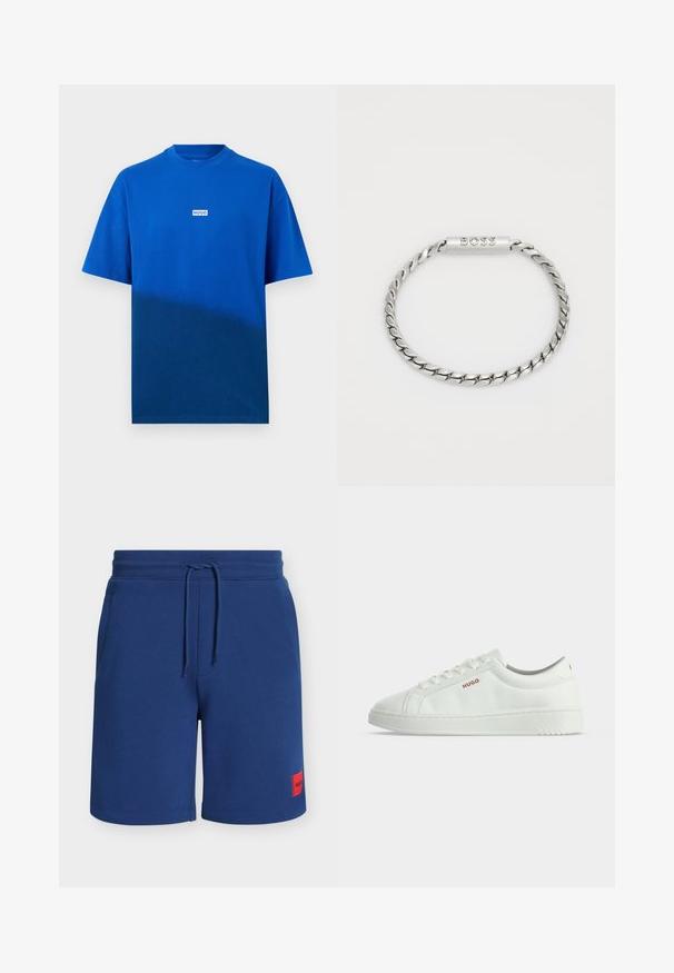 T-shirt bleu à manches courtes avec col rond, arborant un petit logo rectangulaire blanc avec l'inscription "HUGO" centré sur la poitrine, sur un fond uni.; Shorts décontractés pour homme bleu marine avec taille élastique, cordon de serrage, poches latérales et petit écusson de marque rouge sur la jambe gauche.; Baskets basses blanches avec lacets et logo rouge "HUGO" sur le côté, sur un fond blanc uni.; BOSS DORAN - Bracelet - silver-coloured