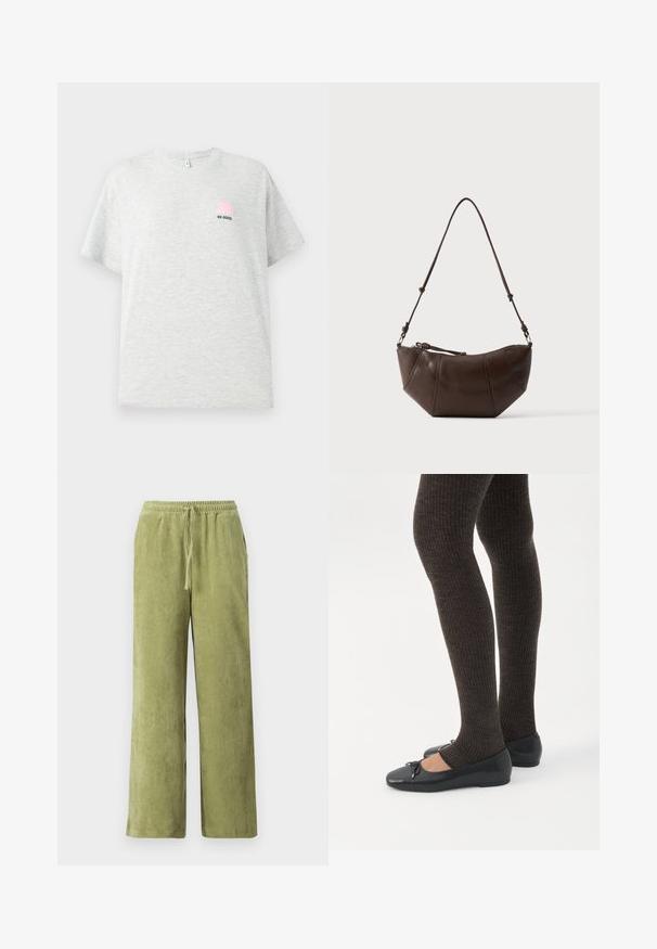 Camiseta de manga corta gris claro hecha de algodón, que presenta un pequeño gráfico de un sombrero de cubo rosa y el texto "BE GOOD" bordado en negro.; Pantalones de pana verde con un diseño de pierna ancha, cinturilla elástica y detalle de cordón. Las líneas verticales en la tela crean textura.; Piernas con leggings oscuros acanalados combinados con bailarinas negras que presentan pequeños detalles de lazo sobre un fondo blanco.; Bolso de hombro de cuero marrón con fondo curvado y correa ajustable sobre un fondo claro y liso.