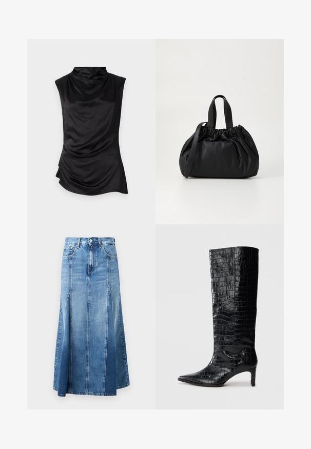 Sort ærmeløs top i glat stof, der har en draperet cowl-neck, asymmetrisk kant og subtile samlingsdetaljer på siden.; Denim nederdel med en lys til mørk blå gradient, knælængde, med lige snit, frontslids og klassisk knap- og lynlås-lukning.; Sorte knæhøje støvler med en blank, krokodillemønstret tekstur, spids tå og en affaset hæl. Glat syntetisk materiale.; Sort læderhåndtaske med en samlet topdesign, der har to korte håndtag og en lang justerbar rem. Glat overflade, rund form.