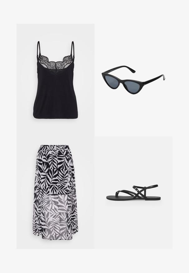 Top sin mangas negro con tirantes ajustables, que presenta un diseño de encaje alrededor del escote y un cuerpo de algodón suave.; Falda de patrón de hojas en blanco y negro, hecha de un tejido ligero y texturizado, con cintura elástica y diseño de longitud de suelo.; Sandalia plana negra con tiras finas, lazo para el dedo del pie y correa ajustable con hebilla en el tobillo sobre un fondo gris claro liso.; Gafas de sol negras en forma de ojo de gato con lentes gris oscuro, marco de plástico elegante, esquinas puntiagudas y patillas rectas. Sin herrajes ni acentos visibles.
