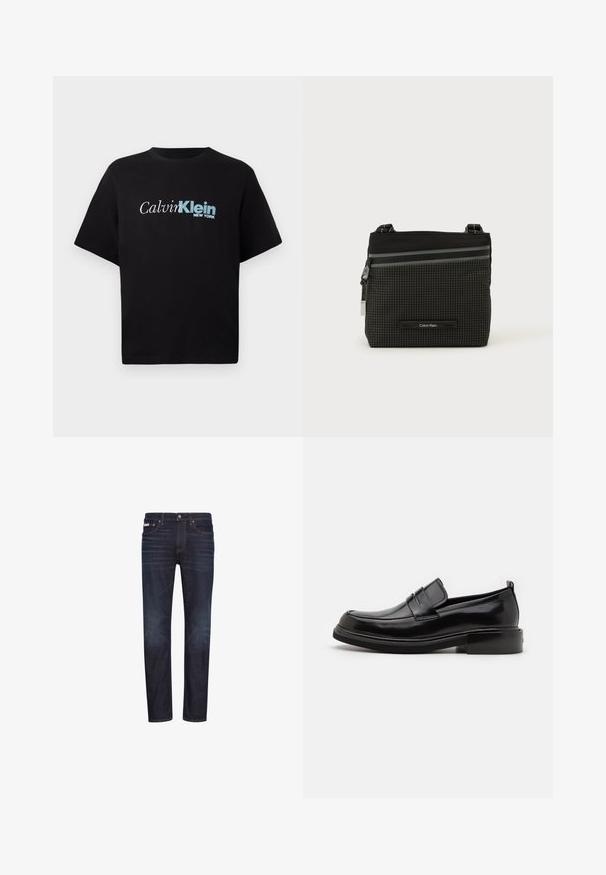 Zwarte T-shirt met korte mouwen met het logo "Calvin Klein New York" in het wit en blauw, centraal op de borst tegen een effen achtergrond.; Donkerblauwe denim jeans met rechte pijpen, vijf zakken, een ritssluiting en oranje stikseldetails. Soepele textuur, klassiek ontwerp.; Calvin Klein MOCCASIN - Zakelijke loafers - black; Zwart en grijs Calvin Klein schoudertasje met ruitpatroon, voorzak met ritssluiting en verstelbare riem op een witte achtergrond.