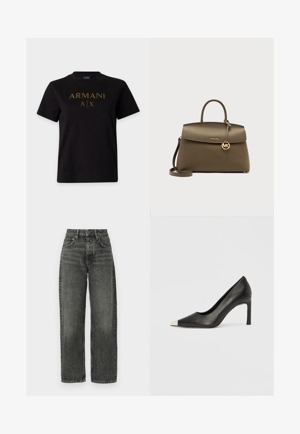 Sort T-shirt med korte ærmer og guldprikket "ARMANI A|X" logo centreret foran.; Won Hundred ALEXANDRA - Jeans Relaxed Fit - tinted black; Sort læder højhælet sko med spids tå og metal-sølv hætte. Har en glat finish og en slank hæl på 10 cm.; Olivengrøn struktureret læderhåndtaske med tophåndtag, lang rem, klaplukning og guldfarvet Michael Kors logo-vedhæng.