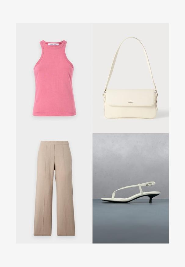Top de algodón rosa sin mangas con un escote redondo y diseño de espalda nadadora. Presenta dobladillos de doble costura y una textura suave y lisa.; Pantalones de pierna ancha en color beige, confeccionados en tejido ligero, con pliegues frontales, una cinturilla suave y un corte recto con dobladillos limpios.; Sandalia blanca de tacón kitten con tiras y punta afilada, flotando sobre un suelo de baldosas de madera al aire libre, con un fondo desenfocado de plantas y pared.; Bolso de hombro de cuero color crema con cierre de solapa, herrajes plateados, una sola correa ajustable y detalles sutiles con el logo.
