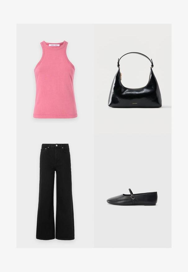 Débardeur en coton rose avec un col rond et un design dos nageur. Présente des ourlets double couture et une texture douce et lisse.; Jean noir à jambes larges en denim ; doté d'une taille haute, de poches avant et d'une fermeture par bouton. Aucun motif ni ornement visible.; Ballerines noires en cuir avec un bout pointu, une semelle plate et une petite sangle avec un détail de boucle en argent.; Sac à main Calvin Klein noir brillant avec fermeture éclair dorée et anse courte sur fond blanc uni.
