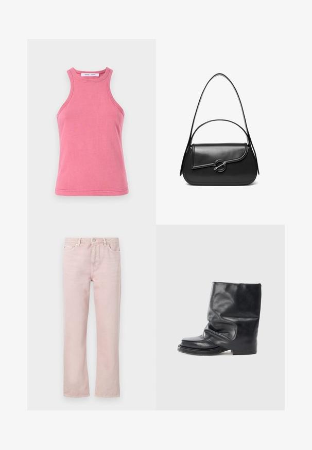 Débardeur en coton rose avec un col rond et un design dos nageur. Présente des ourlets double couture et une texture douce et lisse.; Jean en denim rose clair avec une coupe droite, cinq poches et une fermeture éclair. Détails de couture et accents en métal argenté.; Bottine en cuir noir avec un design décontracté, bout carré, petit talon et texture lisse. Style minimaliste sans éléments matériels visibles.; Sac à bandoulière en cuir noir avec un rabat incurvé fermé par un fermoir métallique rond et une sangle fine et ajustable.