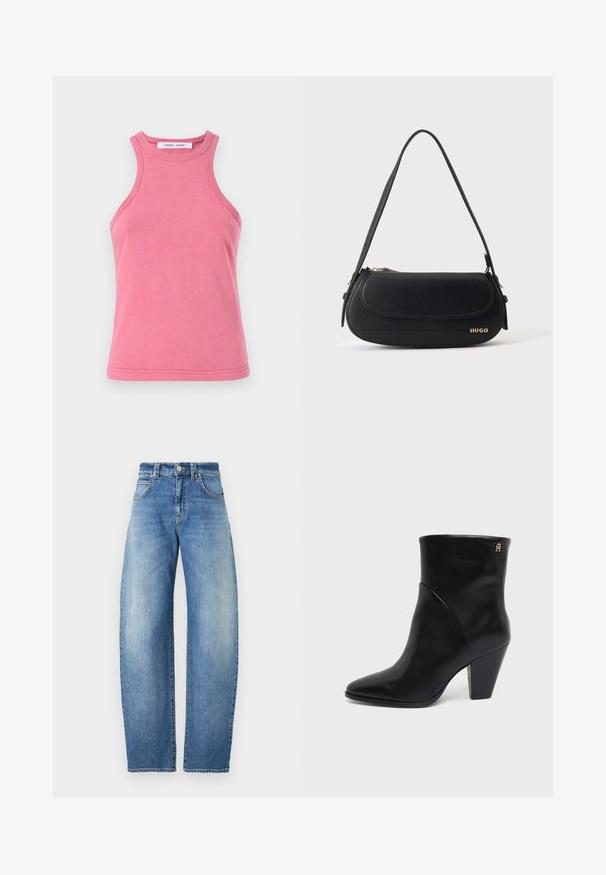 Roze katoenen tanktop met een ronde halslijn en racerback ontwerp. Kenmerkt zich door dubbelgestikte zomen en een zachte, gladde textuur.; Lichtblauwe recht gesneden jeans met een hoge taille, klassiek vijfzakken ontwerp en subtiele vervaging. Gemaakt van denim met een soepele textuur.; Zwarte leren enkellaars met puntige neus, blokhak en klein gouden logo nabij de bovenzijde aan de buitenkant.; Zwarte leren schoudertas met gebogen klep, gouden "HUGO" logo aan de voorkant en een enkele verstelbare riem.