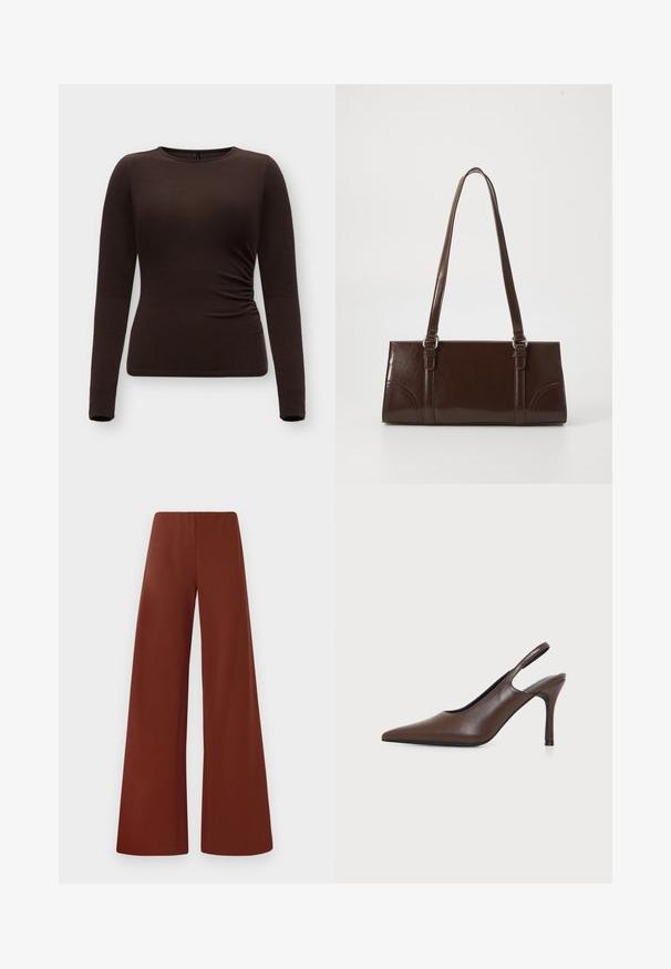 Haut marron foncé ajusté à manches longues avec encolure ronde et détail froncé sur le côté droit, présenté sur un fond clair uni.; Pantalons larges en tissu lisse d'une couleur brun profond et riche. Présentent une taille haute et des lignes épurées sans fermetures visibles.; Chaussure à talon haut slingback en cuir marron à bout pointu avec talon stiletto fin sur fond clair uni.; Sac à main en cuir verni marron de forme rectangulaire, avec deux longues poignées et des accents courbés subtils à l'avant.