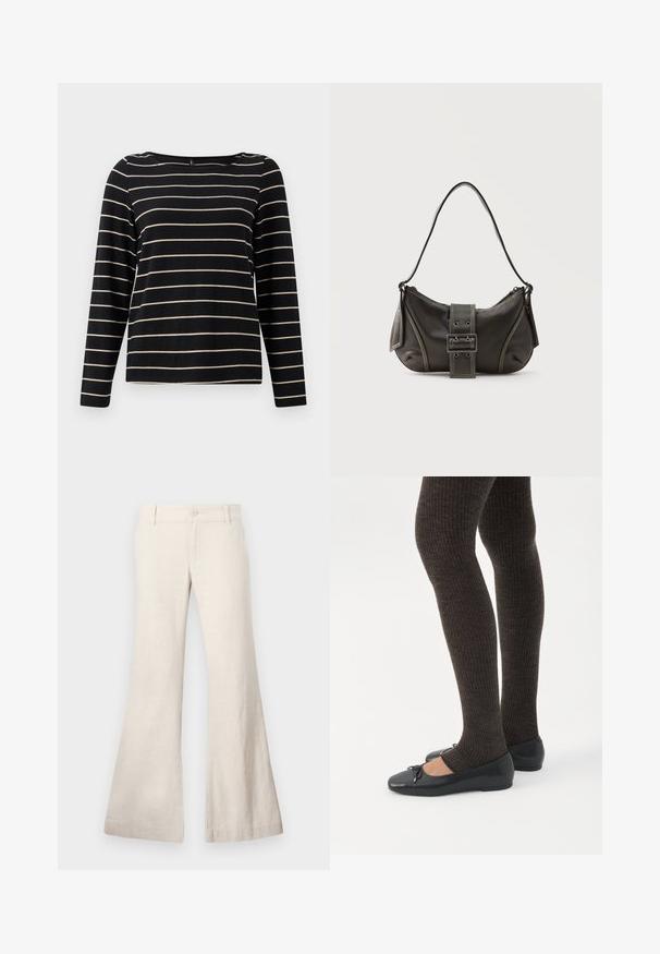 Camisa negra de manga larga con finas rayas beige. Presenta un escote barco y un corte simple y relajado sin adornos.; Pantalones beige acampanados confeccionados en una mezcla de lino ligera. Cuentan con un cierre de botón en la parte delantera y bolsillos laterales. Textura suave, diseño casual.; Piernas con leggings oscuros acanalados combinados con bailarinas negras que presentan pequeños detalles de lazo sobre un fondo blanco.; Bolso de hombro de cuero negro con detalle de correa con hebilla, bordes curvos y costuras blancas en contraste sobre un fondo liso.