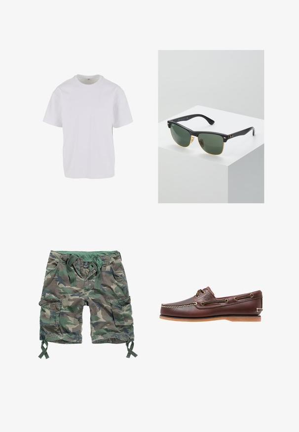 T-shirt blanc uni à manches courtes et col rond, présenté sur un fond blanc, taille M visible sur l'étiquette intérieure.; Shorts cargo à motif camouflage, dotés de plusieurs poches, d'une taille élastique avec cordons de serrage et d'un matériau en coton.; Chaussure bateau en cuir marron avec coutures blanches, détails de lacets et semelle en caoutchouc beige, vue de côté sur fond blanc.; Lunettes de soleil Ray-Ban avec des verres verts, monture en plastique noir et accents dorés sur les bords. Forme carrée avec une finition mate.