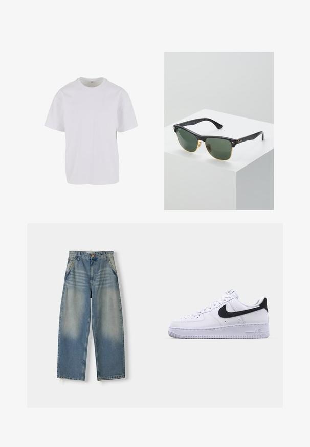 T-shirt blanc à manches courtes en coton doux, avec un col rond et une coupe décontractée à ourlet droit. Aucun motif ni accent visible.; Jean large en denim bleu clair avec une finition délavée, design à cinq poches et ourlet brut. Il dispose d'une fermeture à bouton et zipper à l'avant.; Sneaker en cuir blanc avec un Swoosh noir texturé, des lacets plats et une semelle en caoutchouc avec un motif strié. "AIR" est embossé sur le talon.; Lunettes de soleil Ray-Ban avec des verres verts, monture en plastique noir et accents dorés sur les bords. Forme carrée avec une finition mate.