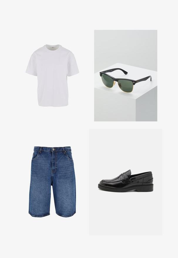 Hvid T-shirt med korteærmer lavet af blødt bomuld, med rund halsudskæring og en afslappet pasform med lige kant. Ingen mønstre eller detaljer synlige.; Denimshorts i mellemblå, med et klassisk design, fem lommer og en lynlås med knaplukning. Grov tekstur og lige pasform.; Sorte læder loafers med en glat finish, rund tå, lav hæl og dekorativ syning langs forsiden. Gummisål for godt greb.; Ray-Ban solbriller med grønne linser, sorte plastikstel og gyldne detaljer ved kanterne. Firkantet form med mat finish.