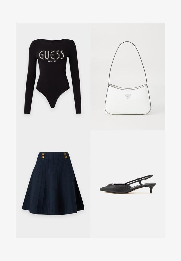 Zwart langemouwen bodysuit met een ronde halslijn, met "GUESS" in rhinestones en "EST.1981" in het wit, gemaakt van rekbaar materiaal.; Marineblauwe geplooide rok met een gestructureerde stof, hoge tailleband en twee gouden knopen aan de voorkant, wat zorgt voor een strakke lijn en een gestructureerde vorm.; Zwarte slingback schoenen met een puntige neus, gemaakt van glad materiaal, met een kleine hak en een decoratieve zilverkleurige accent op de wreef.; Witte handtas met een slank, gebogen ontwerp, voorzien van een dunne zwarte schouderband en een zilveren driehoekig logo-accent. Gladde textuur en minimale detailing.