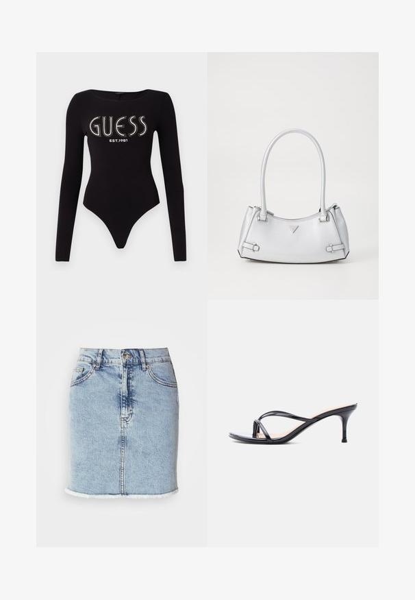 Must täispika varrukaga bodysuit musta värvi, ümmarguse kaelusega, millel on "GUESS" kristallidega ja "EST.1981" valge värviga, valmistatud venivast kangast.; Hele sinine denim seelik otse lõikega, lõhustatud servaga, viie taskuga kujunduse ja ees oleva nööbiga sulgemisega. Sile tekstuur koos pleekinud aktsentidega.; Mustast lakknahast kontsakingad, millel on õhukesed risti kõndivad rihmad ja kitsas keskmise kõrgusega konts.; Hõbe käekott, millel on struktureeritud disain, kahe sangaga, läikiva tekstuuriga, aksessuaaride detailidega ja kolmnurkse logoga esiküljel.
