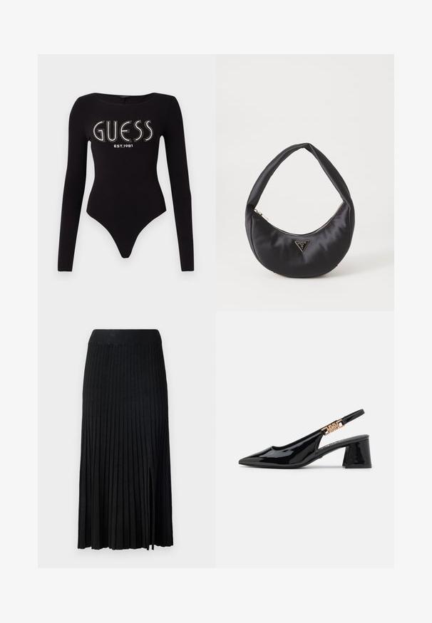 Sort langærmet bodystocking med en scoop-halsudskæring, prydet med "GUESS" i rhinsten og "EST.1981" i hvid, lavet af strækstof.; Sort plisseret midi-nederdel med ribbet talje, der har tekstureret stof, sidelæg og lodrette linjer gennem hele designet.; Sorte patentlæder slingback pumps med spidse tæer og guldfarvet hardware på remmen, med en blokhælhøjder. Glat tekstur.; Sort satin håndtaske med en buet form, der har en lynlåslukning og et trekantet logo i metal på forsiden. Glat tekstur og slankt design.