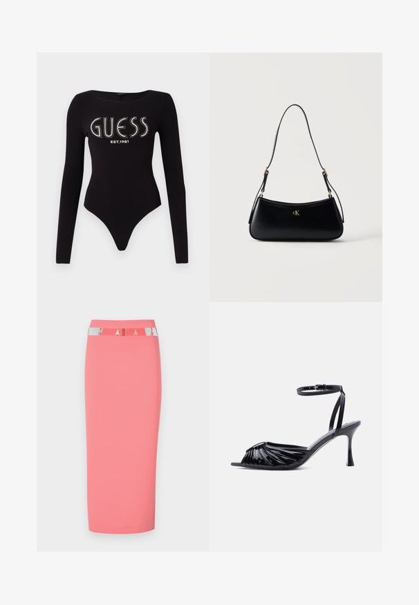Must täispika varrukaga bodysuit musta värvi, ümmarguse kaelusega, millel on "GUESS" kristallidega ja "EST.1981" valge värviga, valmistatud venivast kangast.; Roosa paberkleit, mis on valmistatud venivast kangast, hõbedase ja musta vöökohtadega, metalliliste aktsentidega ning stiilse, saleda lõikega.; Mustast lakknahast kõrge kontsaga sandaal avatud varbaosaga, esiosa volditud disainiga ja reguleeritava pandlaga pahkluurihmaga.; Mustast nahast õlakott, kõverusega kujundus, reguleeritav rihm ja kuldne "cK" logo ees keskel.