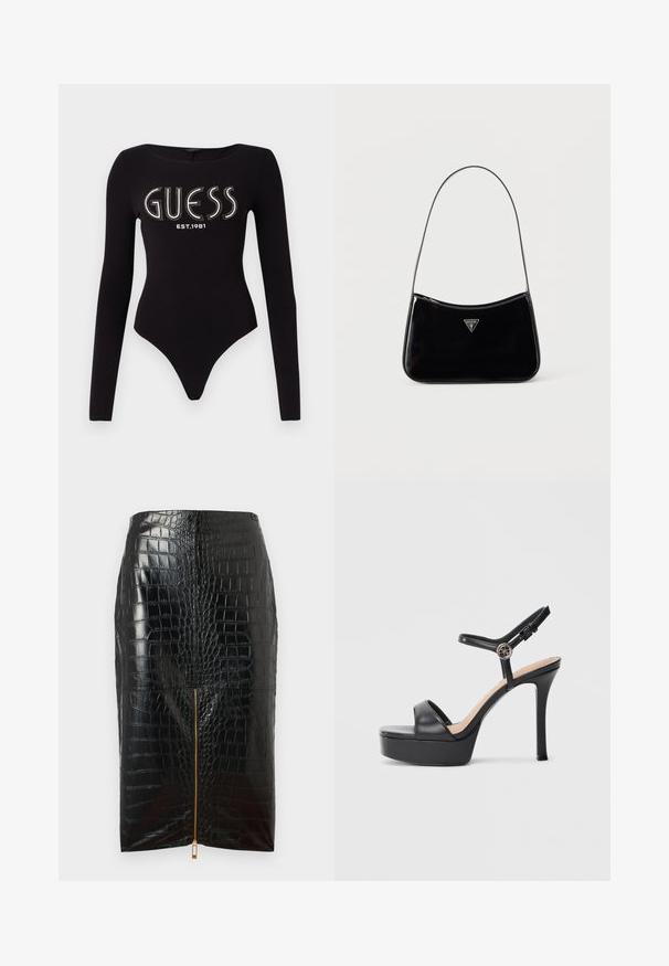 Schwarzer langärmliger Body mit einem runden Ausschnitt, der "GUESS" aus Strass und "EST.1981" in Weiß zeigt, aus dehnbarem Material gefertigt.; Schwarzer Bleistiftrock aus Kunstleder mit Krokodilstruktur, ausgestattet mit einem zentralen goldenen Reißverschluss und glatter Oberflächenbeschaffenheit.; Schwarze Plateausandalen mit hohem Stiletto-Absatz, ausgestattet mit einem glatten Lederobermaterial, einem Peeptoe-Design und einem verstellbaren Knöchelriemen mit Metallbeschlägen.; Schwarze Schultertasche aus Lackleder mit schmalem Riemen, dreieckigem Guess-Logo vorne und einem Reißverschluss oben.