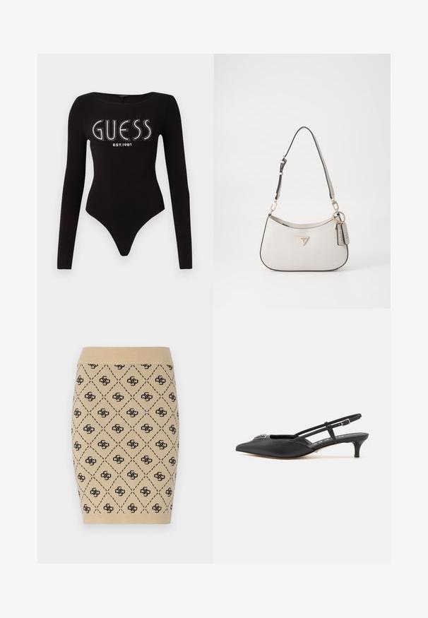 Bodysuit negro de manga larga con escote redondeado, que presenta "GUESS" en pedrería y "EST.1981" en blanco, confeccionado en una tela elástica.; Falda lápiz de punto en color beige con un patrón de diamantes y acentos de logotipo negro en repetición, con una cintura acanalada que añade textura.; Zapatos slingback negros con punta afilada, hechos de material suave, con un pequeño tacón y un acento decorativo plateado en el empeine.; Bolso blanco texturizado con forma curva, herrajes dorados, una correa desmontable y un acento de logo. Incluye una etiqueta de llavero con la marca.