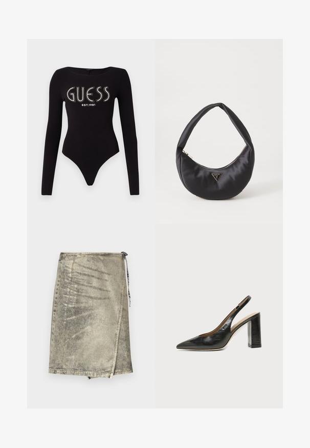 Schwarzer langärmliger Body mit einem runden Ausschnitt, der "GUESS" aus Strass und "EST.1981" in Weiß zeigt, aus dehnbarem Material gefertigt.; Jeanswickelrock in metallischem Gold. Mit Schlaufenverschluss, unregelmäßigem Saum und subtiler Textur mit einem leicht abgetragenen Aussehen.; Schwarzer Leder-Slingback-Schuh mit spitzer Kappe, hohem Blockabsatz und beigegefüttertem Innenraum vor hellem, einfarbigem Hintergrund.; Schwarze Satin-Handtasche mit geschwungener Form, ausgestattet mit einem Reißverschluss und einem dreieckigen Metallsymbol auf der Vorderseite. Glatte Textur und elegantes Design.