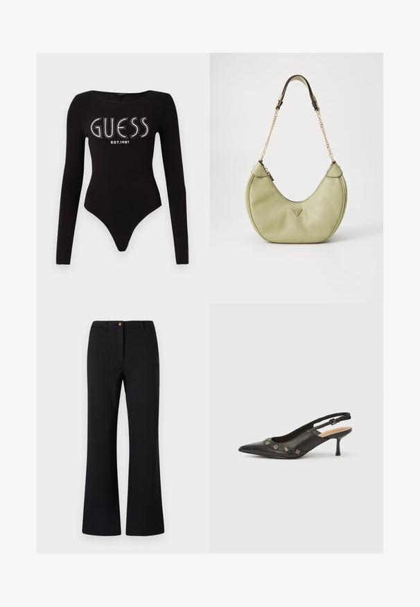 Bodysuit negro de manga larga con escote redondeado, que presenta "GUESS" en pedrería y "EST.1981" en blanco, confeccionado en una tela elástica.; Pantalones negros de campana hechos de una tela suave, con cierre de botón en la parte frontal, presillas para cinturón y un diseño limpio y ajustado.; Zapato de tacón con talón descubierto en piel negra, punta puntiaguda, tacón pequeño y detalles metálicos decorativos a lo largo de la abertura frontal. Textura lisa.; Bolso de mano de cuero verde con una forma curva distintiva, acento de logo dorado, cierre de cremallera y correa de cadena. Detalle de superficie texturizada.