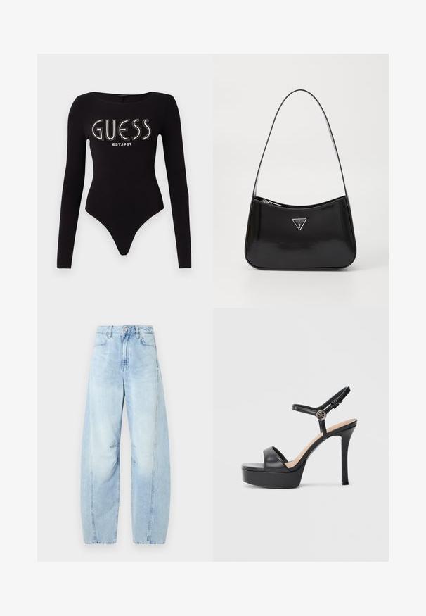 Zwart langemouwen bodysuit met een ronde halslijn, met "GUESS" in rhinestones en "EST.1981" in het wit, gemaakt van rekbaar materiaal.; Lichtblauwe denim wijde jeans met een hoge taille, voorzien van een knoopsluiting, voorzakken en subtiele vervaging.; Zwarte platformsandalen met een hoge naaldhak, voorzien van een glad leren bovenkant, een peep-toe ontwerp en een verstelbare enkelriem met beslag.; Zwarte lakleren schoudertas met een gebogen vorm, voorzien van een zilveren driehoeklogo en een ritssluiting. Gladde textuur en slanke schouderband.