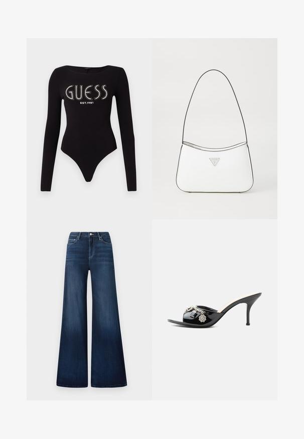 Sort langærmet bodystocking med en scoop-halsudskæring, prydet med "GUESS" i rhinsten og "EST.1981" i hvid, lavet af strækstof.; Mørkeblå wide-leg jeans med høj talje, lavet af denim, med subtil falmning, forlommer og en klassisk knaplukning.; Sort laklæder højt hælet mule med åben tå og dekorative sølvcharme inklusive en blomst og hængelås på frontstroppen.; Hvid håndtaske med et slankt, buet design, der har en tynd sort rem og sølvfarvet trekantet logoaccent. Glat tekstur og minimal detaljering.